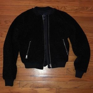 American Eagle Black Faux Poodle Bomber Jacket